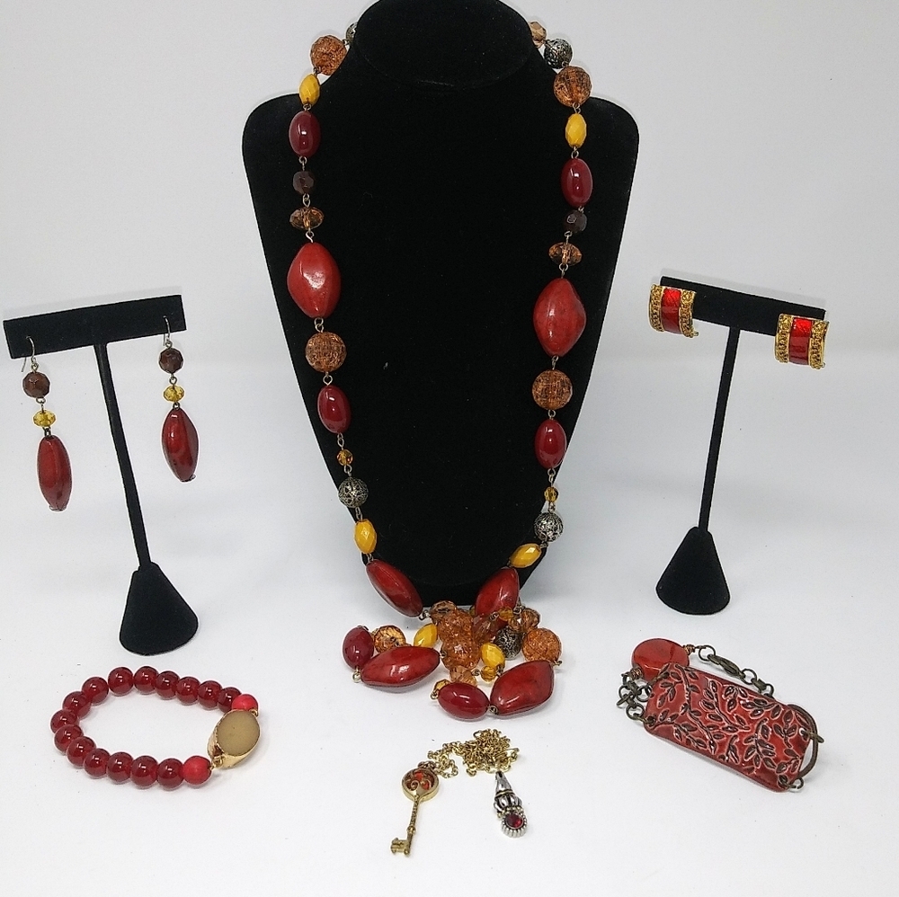 8 Piece Red and Gold Jewelry Ensemble